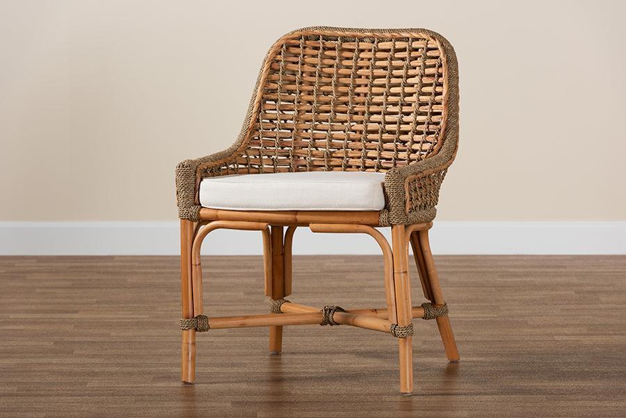 Kyle Modern Bohemian Natural Brown Woven Rattan Dining Side Chair With Cushion FredCo