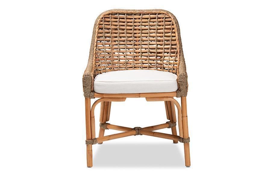 Kyle Modern Bohemian Natural Brown Woven Rattan Dining Side Chair With Cushion FredCo