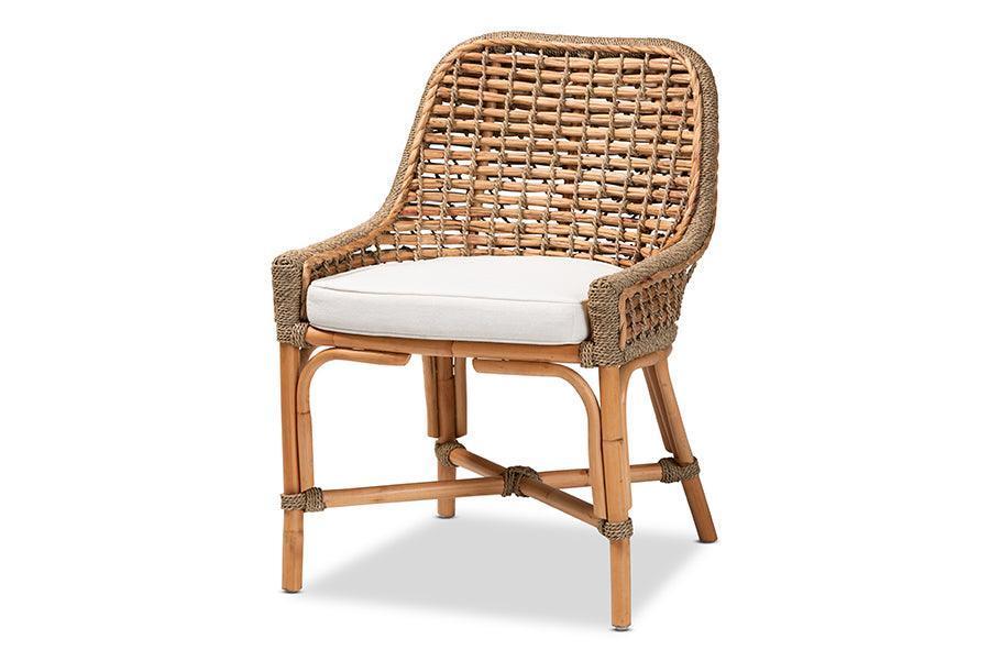 Kyle Modern Bohemian Natural Brown Woven Rattan Dining Side Chair With Cushion FredCo