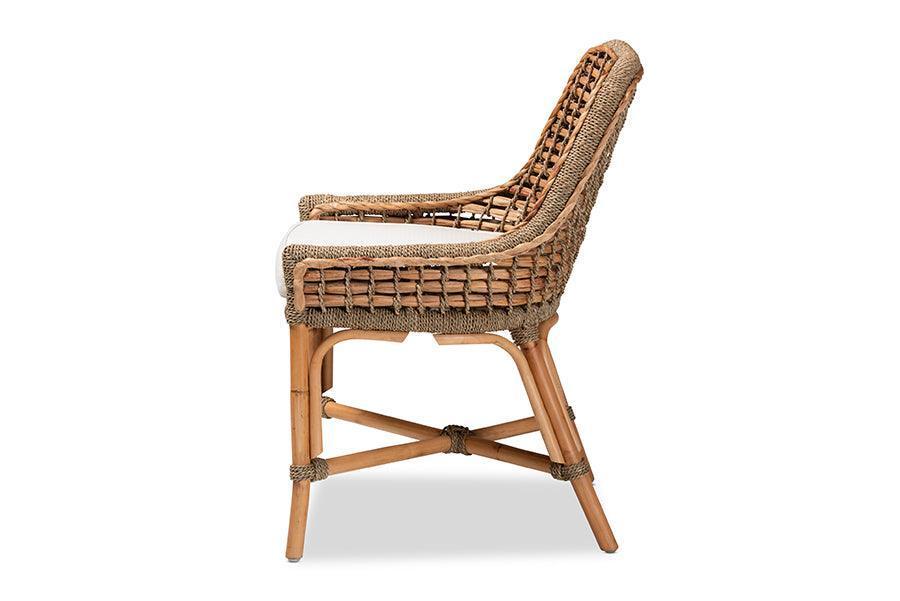 Kyle Modern Bohemian Natural Brown Woven Rattan Dining Side Chair With Cushion FredCo