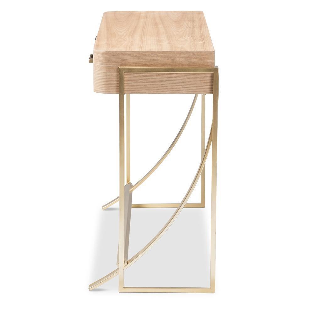 Lafoy Modern and Contemporary Natural Brown Finished Wood and Gold Finished 2-Drawer Console Table FredCo