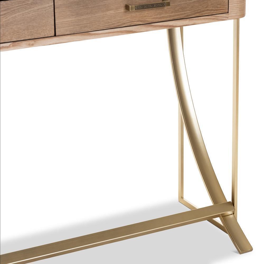 Lafoy Modern and Contemporary Natural Brown Finished Wood and Gold Finished 2-Drawer Console Table FredCo