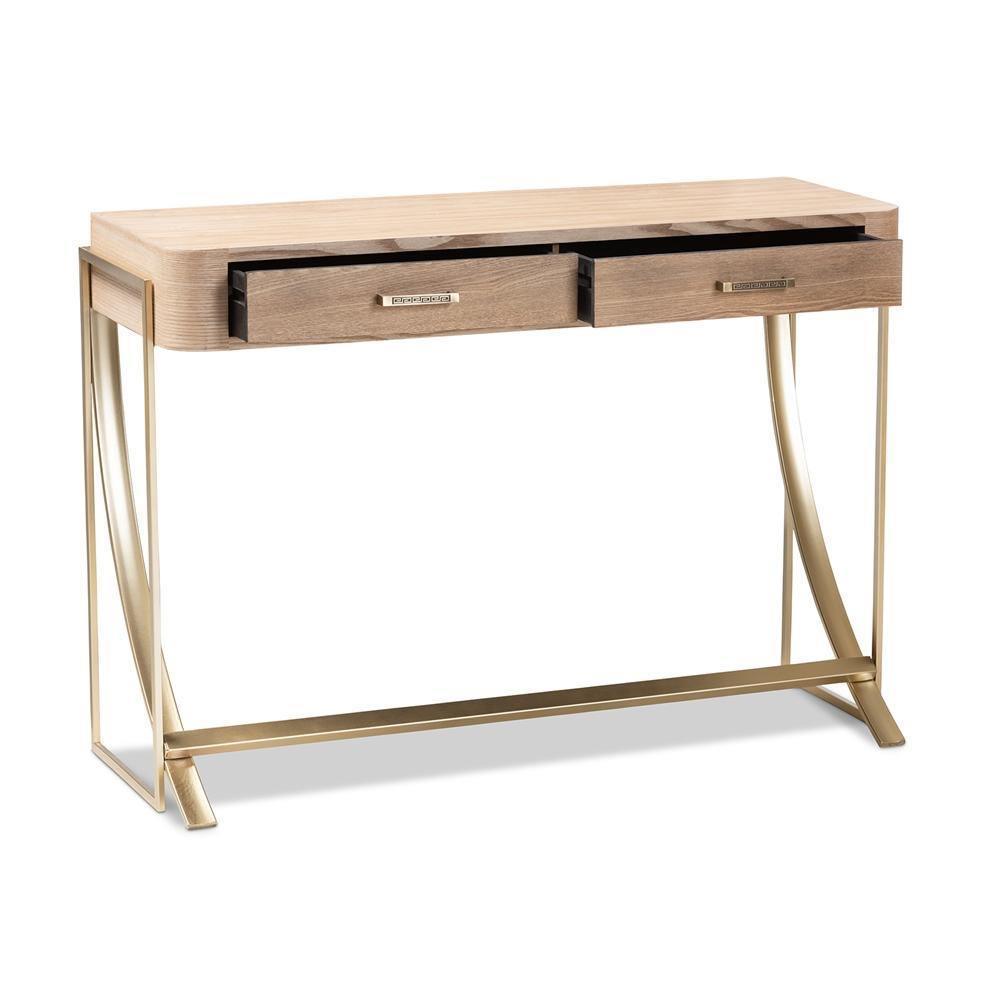 Lafoy Modern and Contemporary Natural Brown Finished Wood and Gold Finished 2-Drawer Console Table FredCo