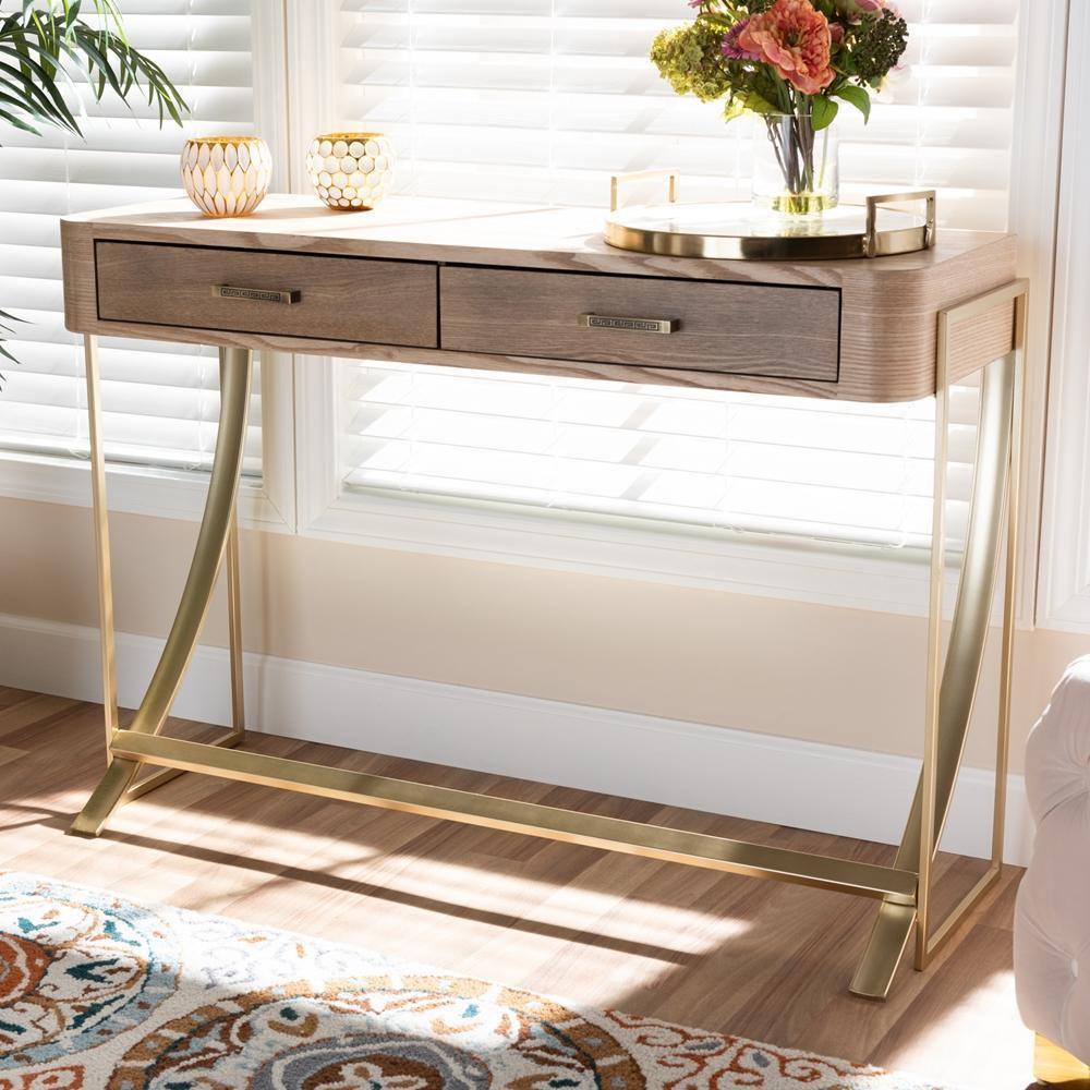 Lafoy Modern and Contemporary Natural Brown Finished Wood and Gold Finished 2-Drawer Console Table FredCo
