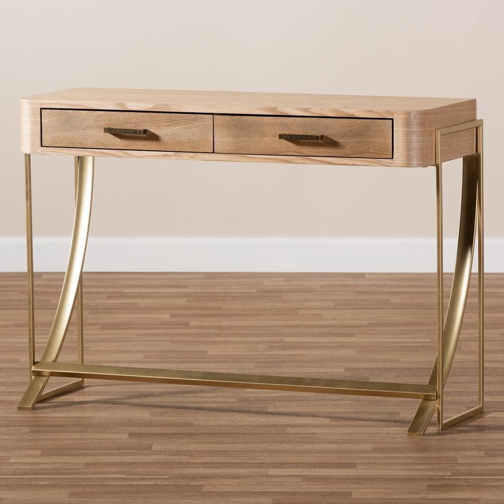 Lafoy Modern and Contemporary Natural Brown Finished Wood and Gold Finished 2-Drawer Console Table FredCo