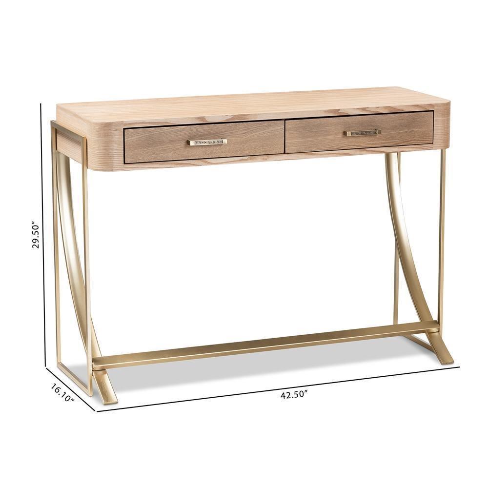 Lafoy Modern and Contemporary Natural Brown Finished Wood and Gold Finished 2-Drawer Console Table FredCo
