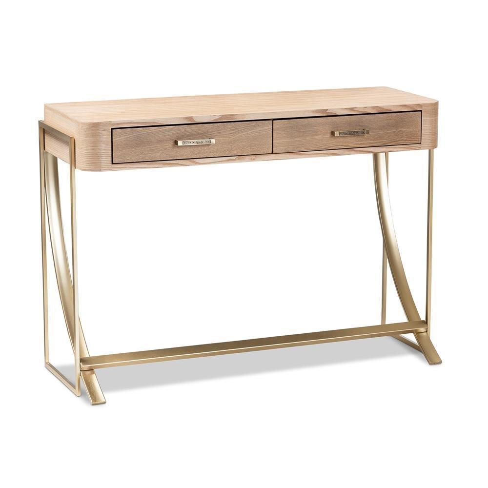 Lafoy Modern and Contemporary Natural Brown Finished Wood and Gold Finished 2-Drawer Console Table FredCo