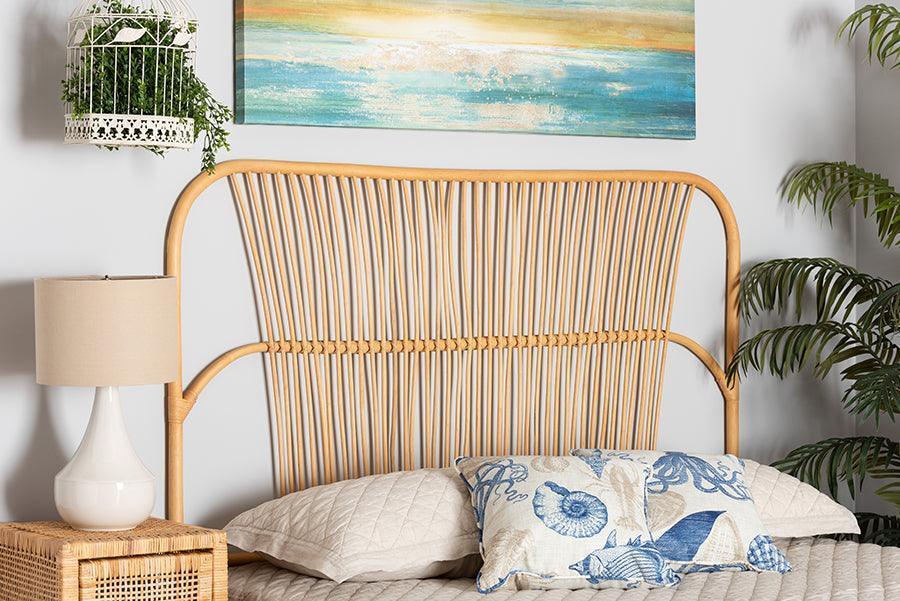 Laina Modern Bohemian Natural Brown Rattan Queen Size Wall-mount Headboard FredCo