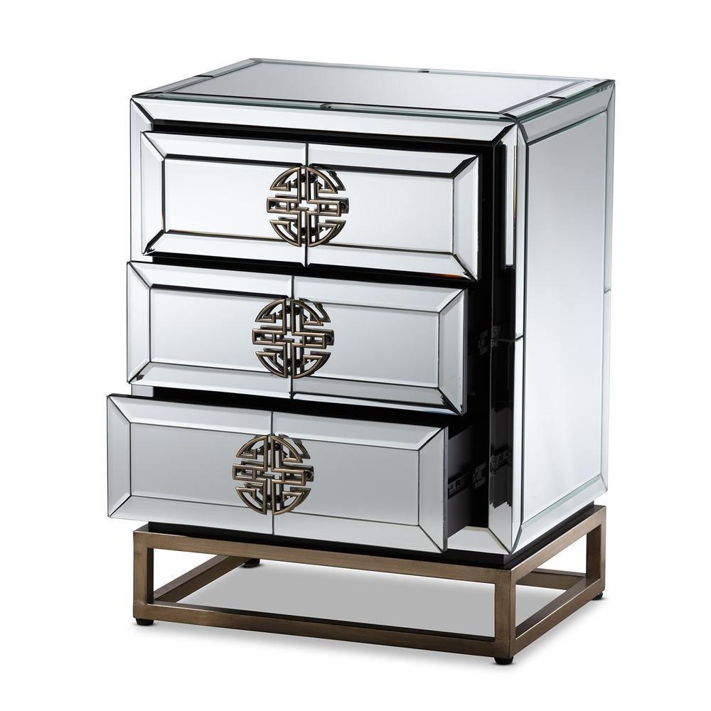Laken Contemporary Glam and Luxe Mirrored and Antique Bronze Finished 3-Drawer Nightstand FredCo