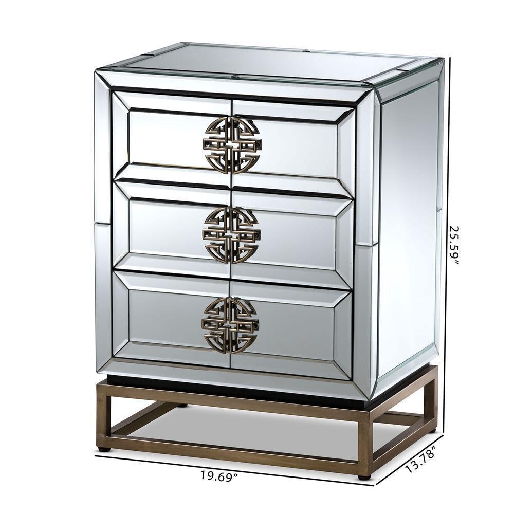 Laken Contemporary Glam and Luxe Mirrored and Antique Bronze Finished 3-Drawer Nightstand FredCo
