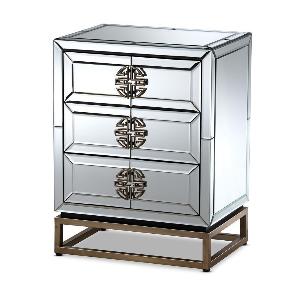 Laken Contemporary Glam and Luxe Mirrored and Antique Bronze Finished 3-Drawer Nightstand FredCo