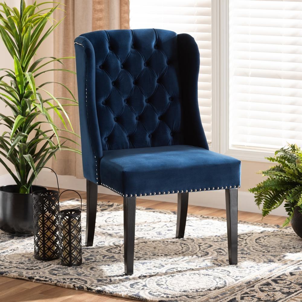 Lamont Modern Contemporary Transitional Navy Blue Velvet Fabric Upholstered and Dark Brown Finished Wood Wingback Dining Chair FredCo