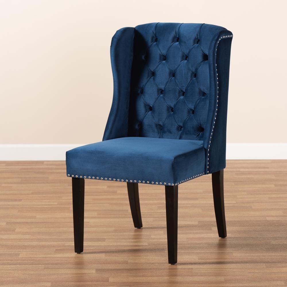 Lamont Modern Contemporary Transitional Navy Blue Velvet Fabric Upholstered and Dark Brown Finished Wood Wingback Dining Chair FredCo