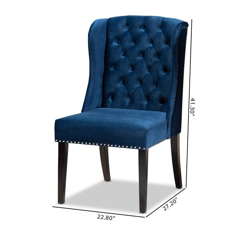 Lamont Modern Contemporary Transitional Navy Blue Velvet Fabric Upholstered and Dark Brown Finished Wood Wingback Dining Chair FredCo