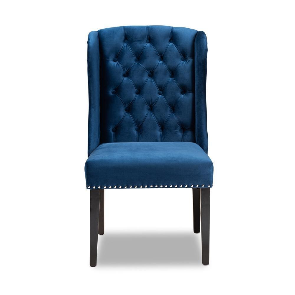 Lamont Modern Contemporary Transitional Navy Blue Velvet Fabric Upholstered and Dark Brown Finished Wood Wingback Dining Chair FredCo