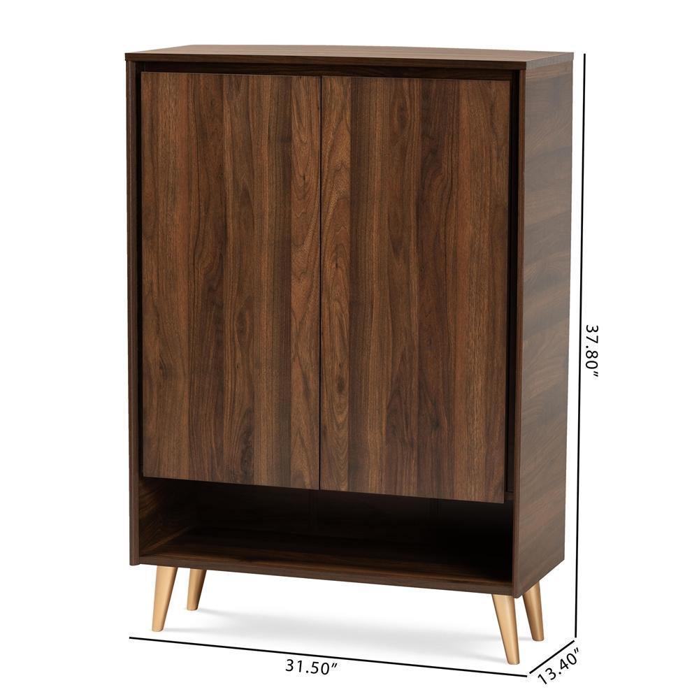 Landen Mid-Century Modern Walnut Brown and Gold Finished Wood 2-Door Entryway Shoe storage Cabinet FredCo