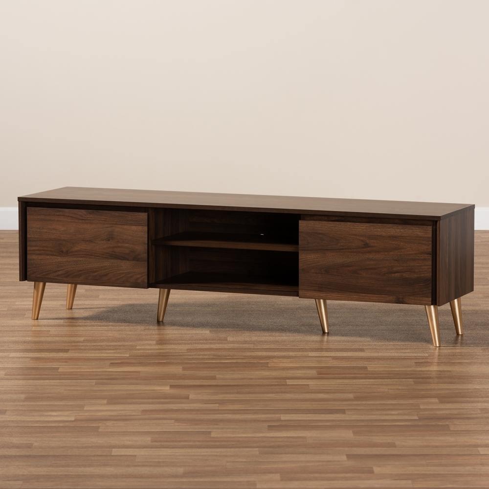 Landen Mid-Century Modern Walnut Brown and Gold Finished Wood TV Stand FredCo