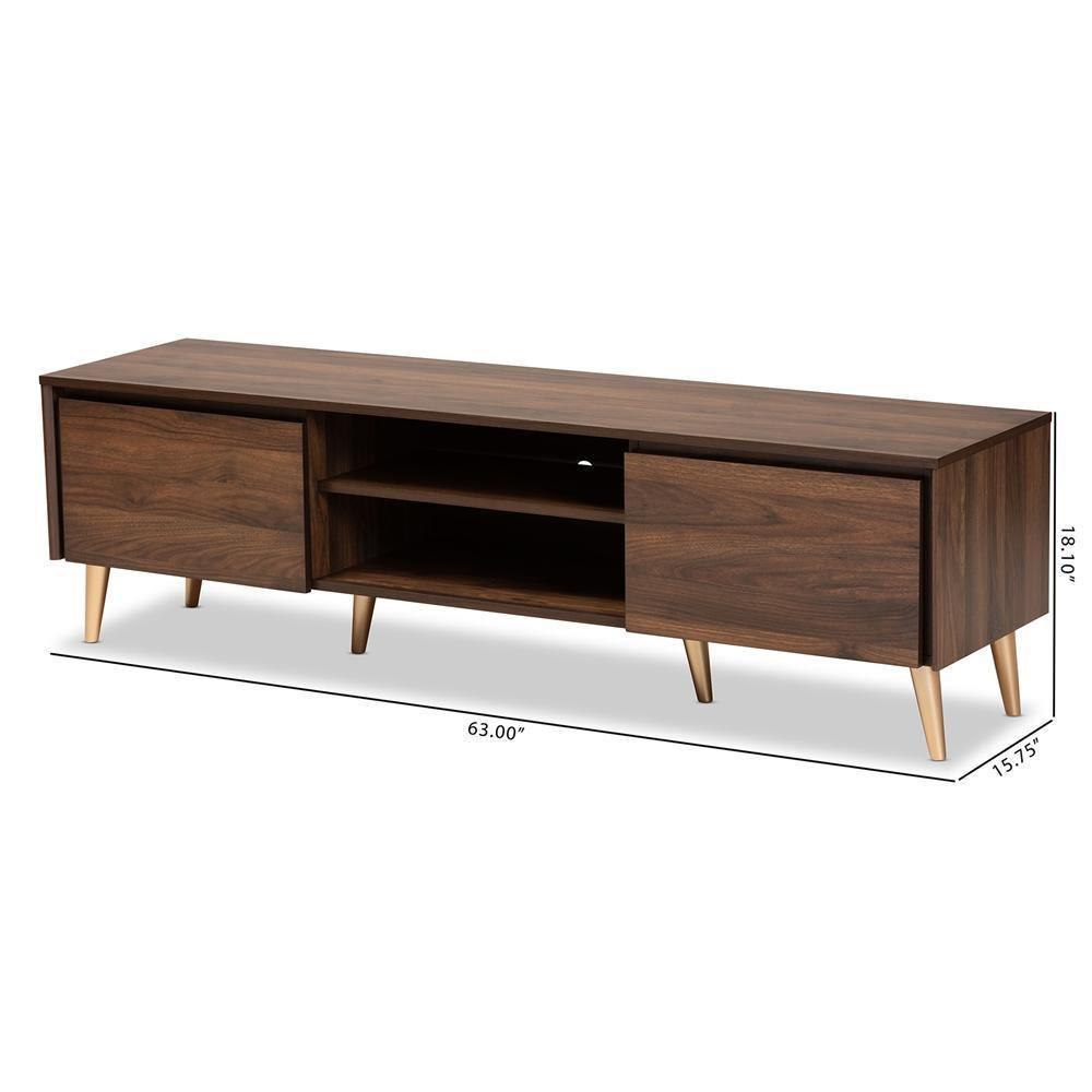 Landen Mid-Century Modern Walnut Brown and Gold Finished Wood TV Stand FredCo