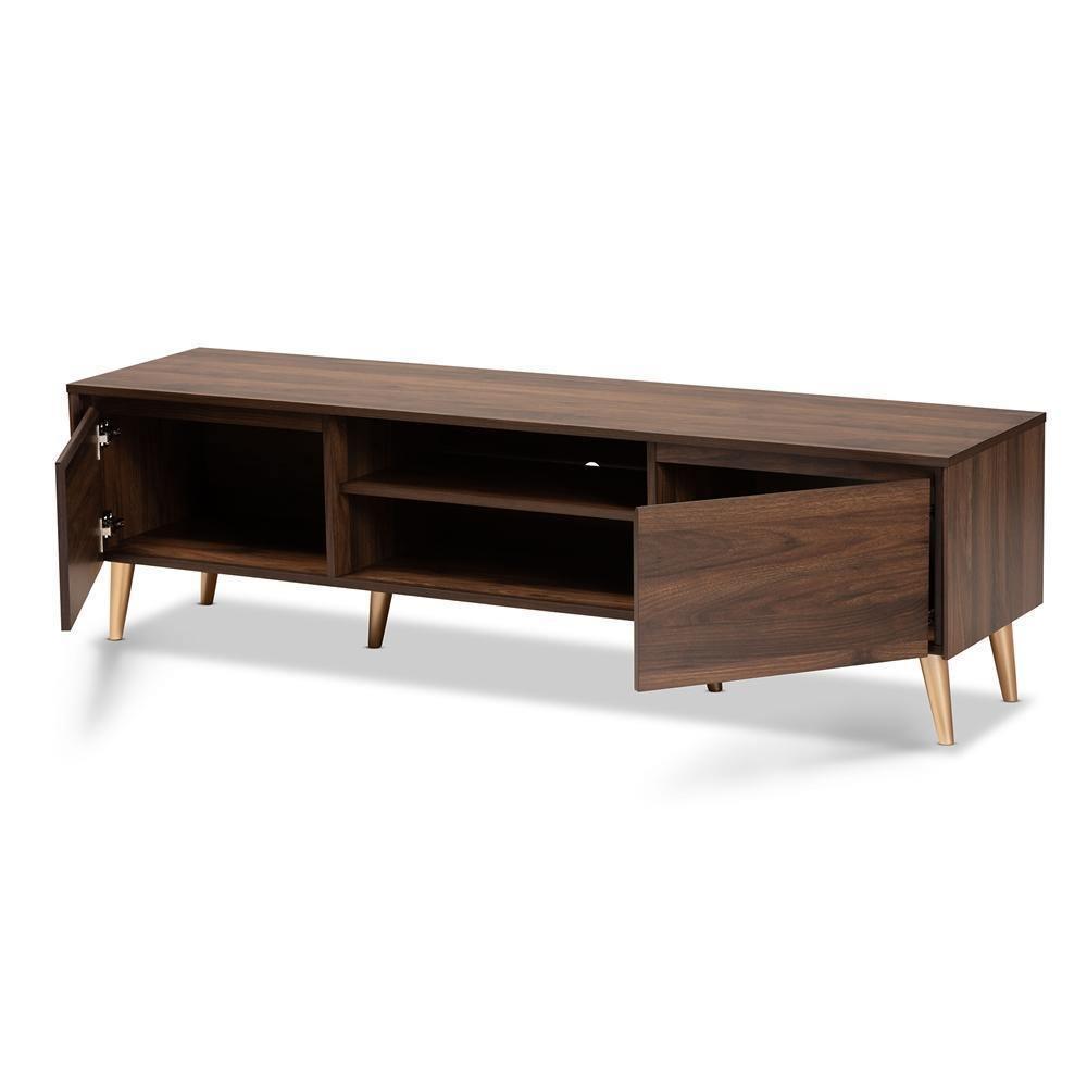 Landen Mid-Century Modern Walnut Brown and Gold Finished Wood TV Stand FredCo