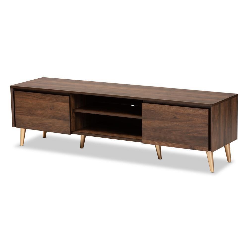 Landen Mid-Century Modern Walnut Brown and Gold Finished Wood TV Stand FredCo
