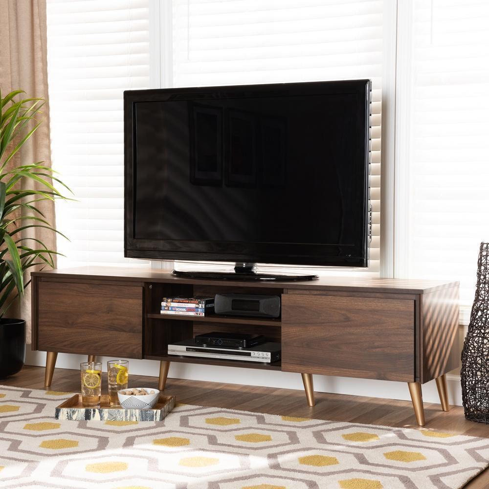 Landen Mid-Century Modern Walnut Brown and Gold Finished Wood TV Stand FredCo