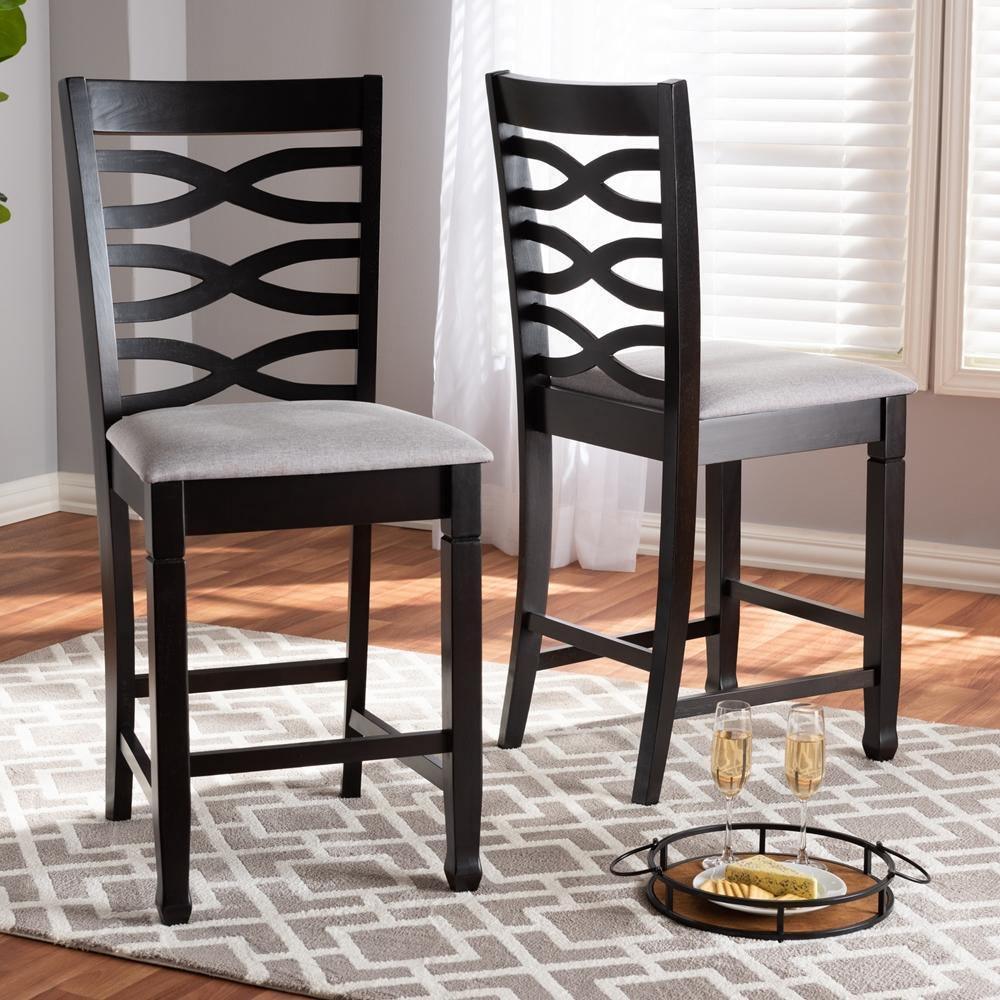 Lanier Modern and Contemporary Gray Fabric Upholstered Espresso Brown Finished Wood Counter Height Pub Chair Set of 2 FredCo
