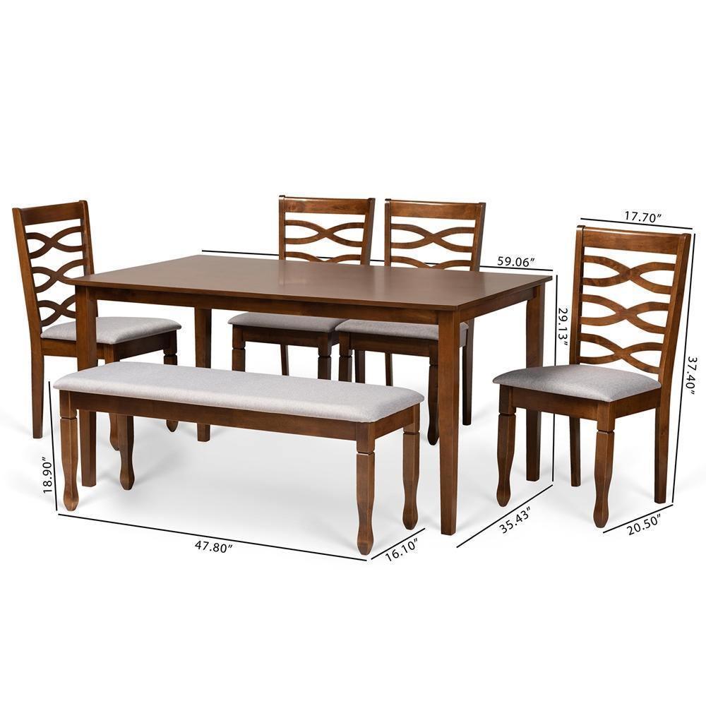 Lanier Modern and Contemporary Grey Fabric Upholstered and Walnut Brown Finished Wood 6-Piece Dining Set FredCo