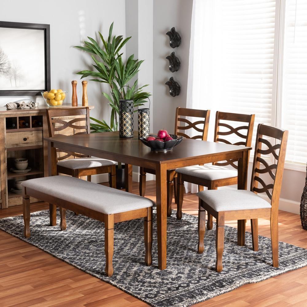 Lanier Modern and Contemporary Grey Fabric Upholstered and Walnut Brown Finished Wood 6-Piece Dining Set FredCo