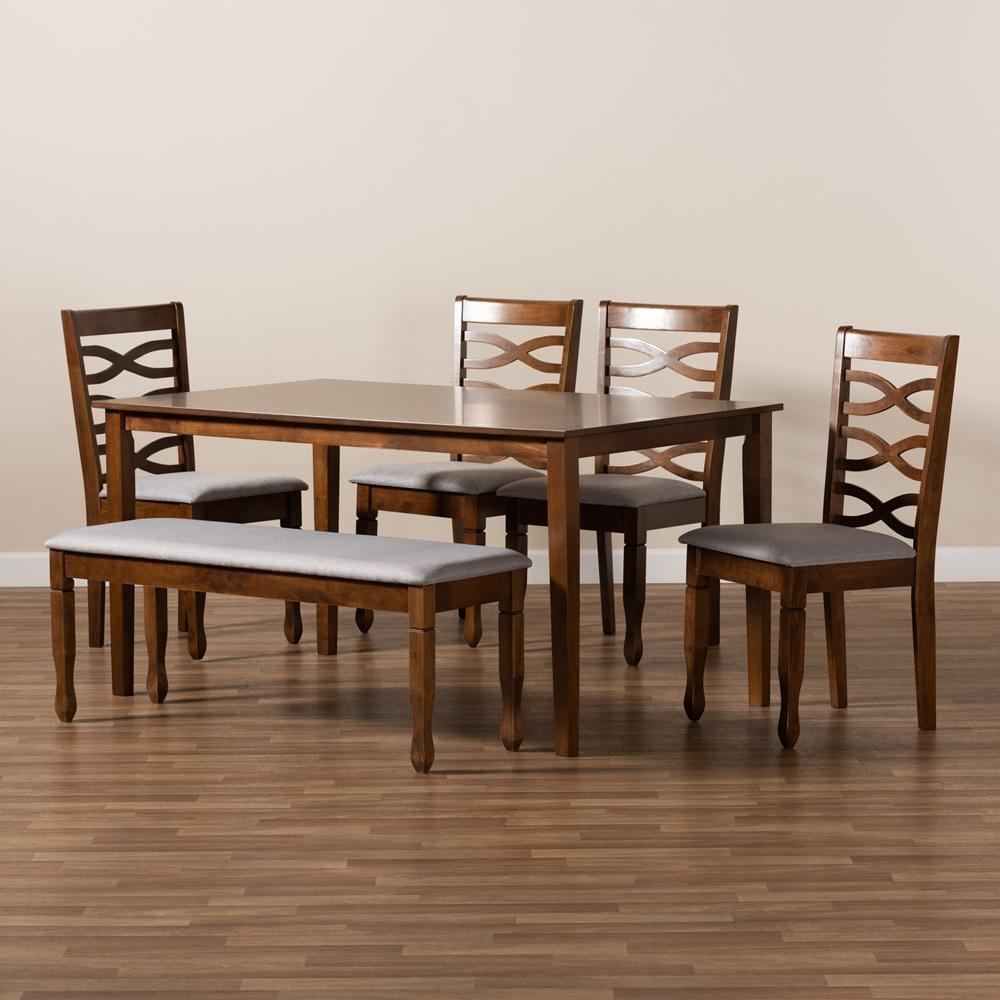 Lanier Modern and Contemporary Grey Fabric Upholstered and Walnut Brown Finished Wood 6-Piece Dining Set FredCo