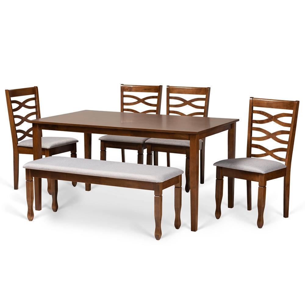 Lanier Modern and Contemporary Grey Fabric Upholstered and Walnut Brown Finished Wood 6-Piece Dining Set FredCo