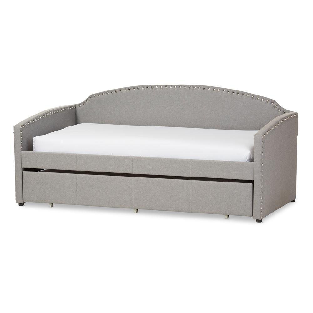 Lanny Modern and Contemporary Grey Fabric Nail Heads Trimmed Arched Back Sofa Twin Daybed with Roll-Out Trundle Guest Bed FredCo