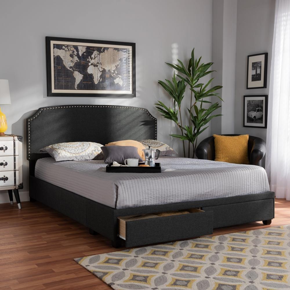 Larese Dark Grey Fabric Upholstered 2-Drawer Queen Size Platform Storage Bed FredCo