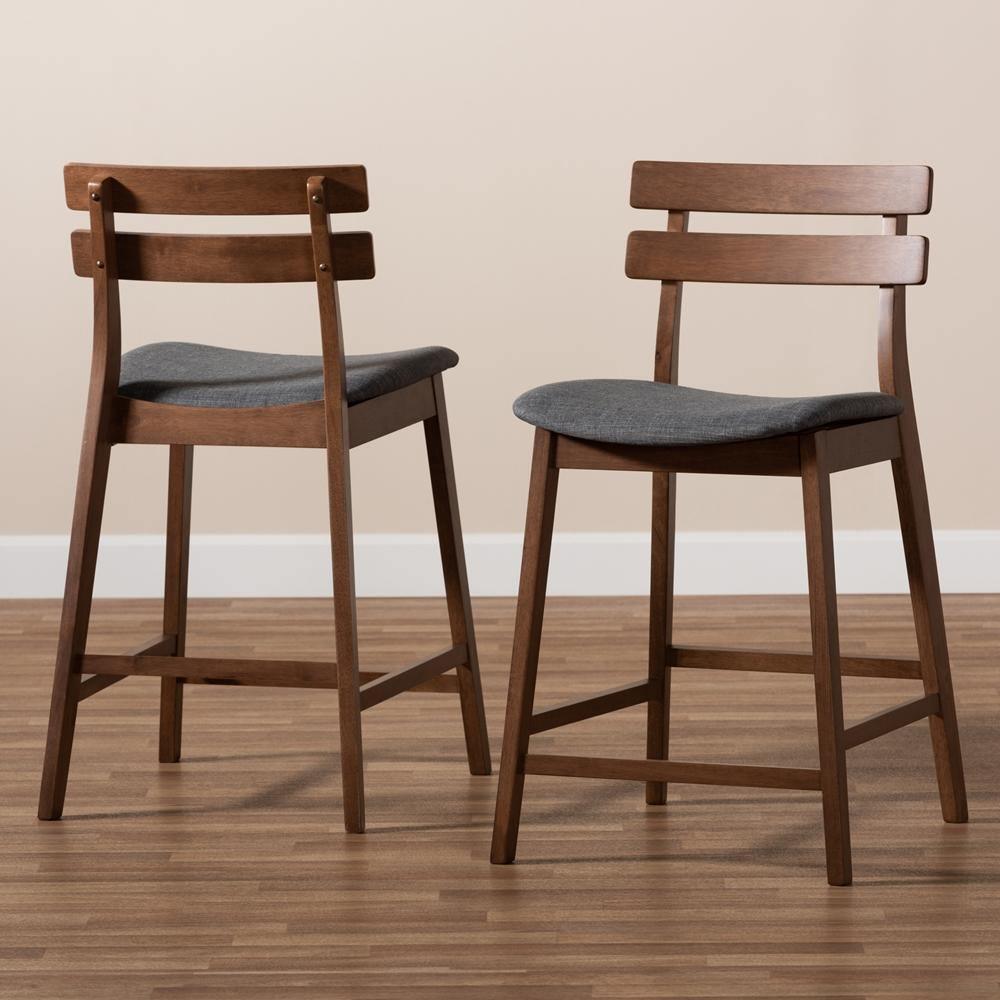 Larine Modern and Contemporary Dark Grey Fabric Upholstered Walnut Finished 2-Piece Wood Counter Stool Set FredCo