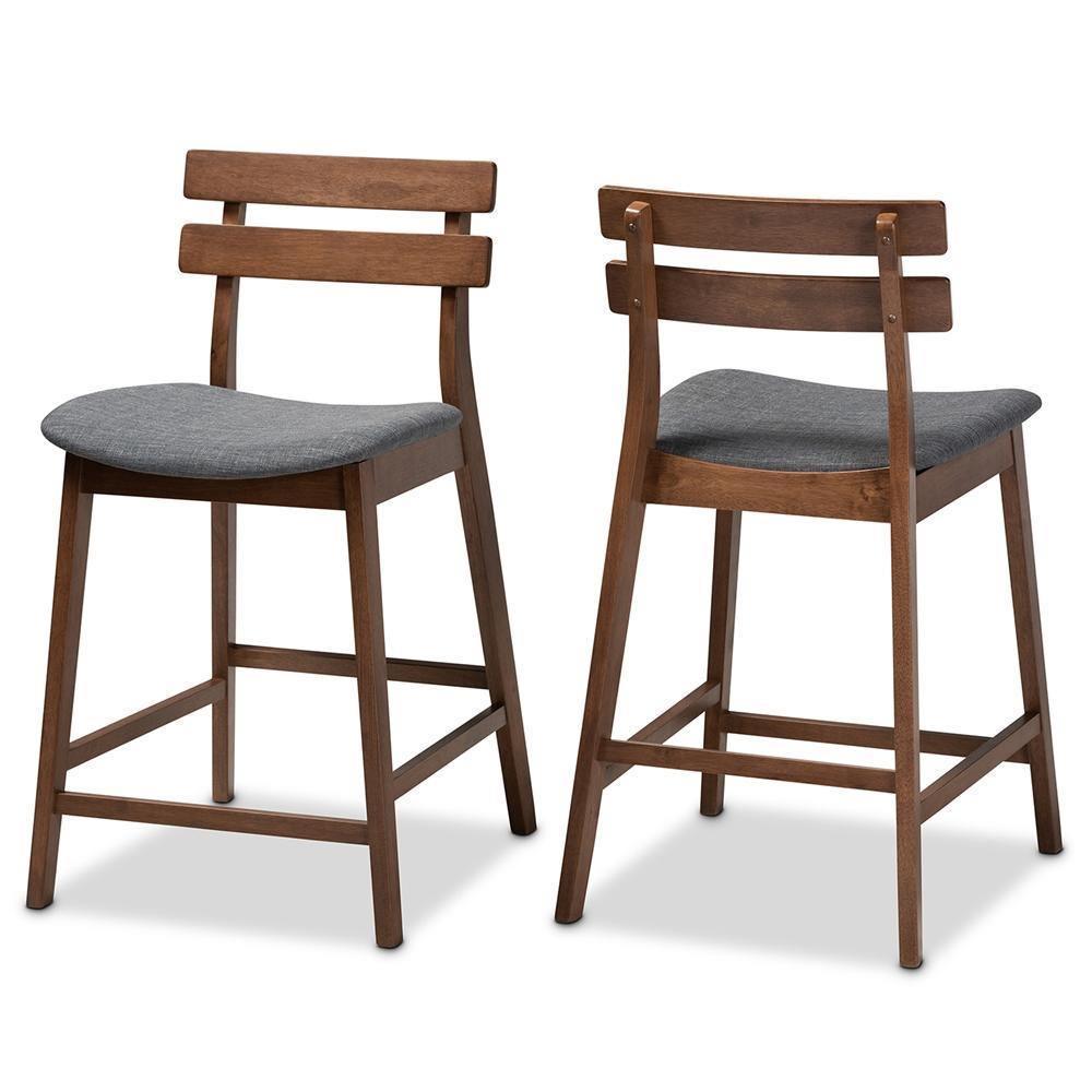 Larine Modern and Contemporary Dark Grey Fabric Upholstered Walnut Finished 2-Piece Wood Counter Stool Set FredCo