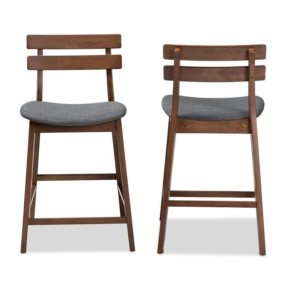 Larine Modern and Contemporary Dark Grey Fabric Upholstered Walnut Finished 2-Piece Wood Counter Stool Set FredCo