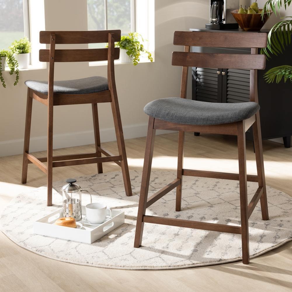 Larine Modern and Contemporary Dark Grey Fabric Upholstered Walnut Finished 2-Piece Wood Counter Stool Set FredCo