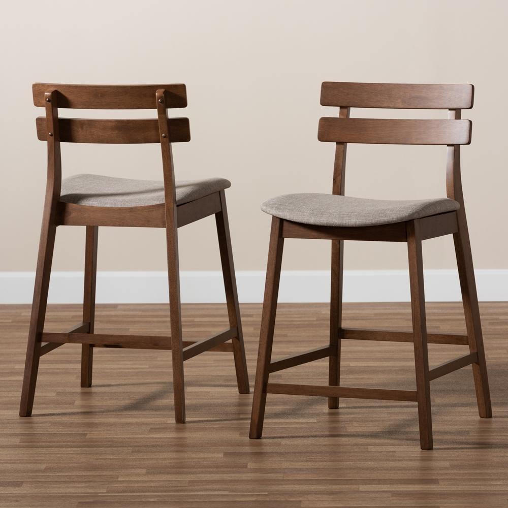 Larine Modern and Contemporary Light Grey Fabric Upholstered Walnut Finished 2-Piece Wood Counter Stool Set FredCo