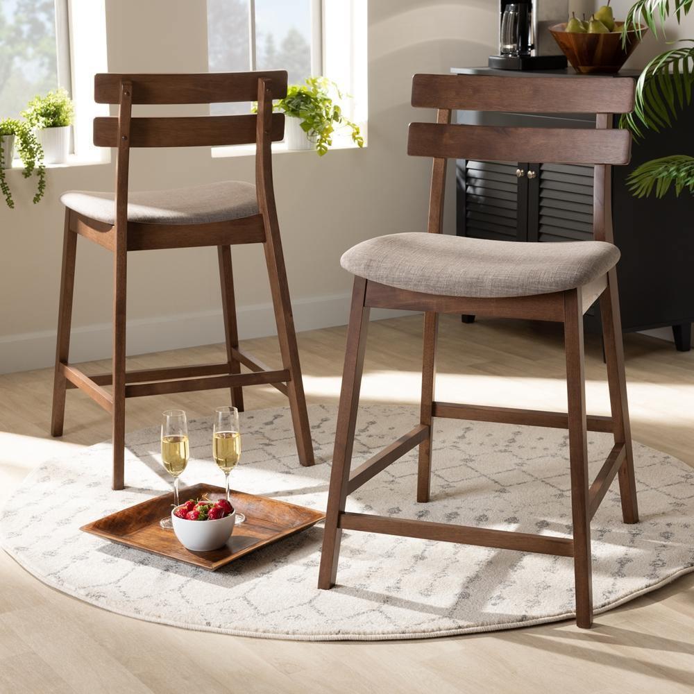 Larine Modern and Contemporary Light Grey Fabric Upholstered Walnut Finished 2-Piece Wood Counter Stool Set FredCo