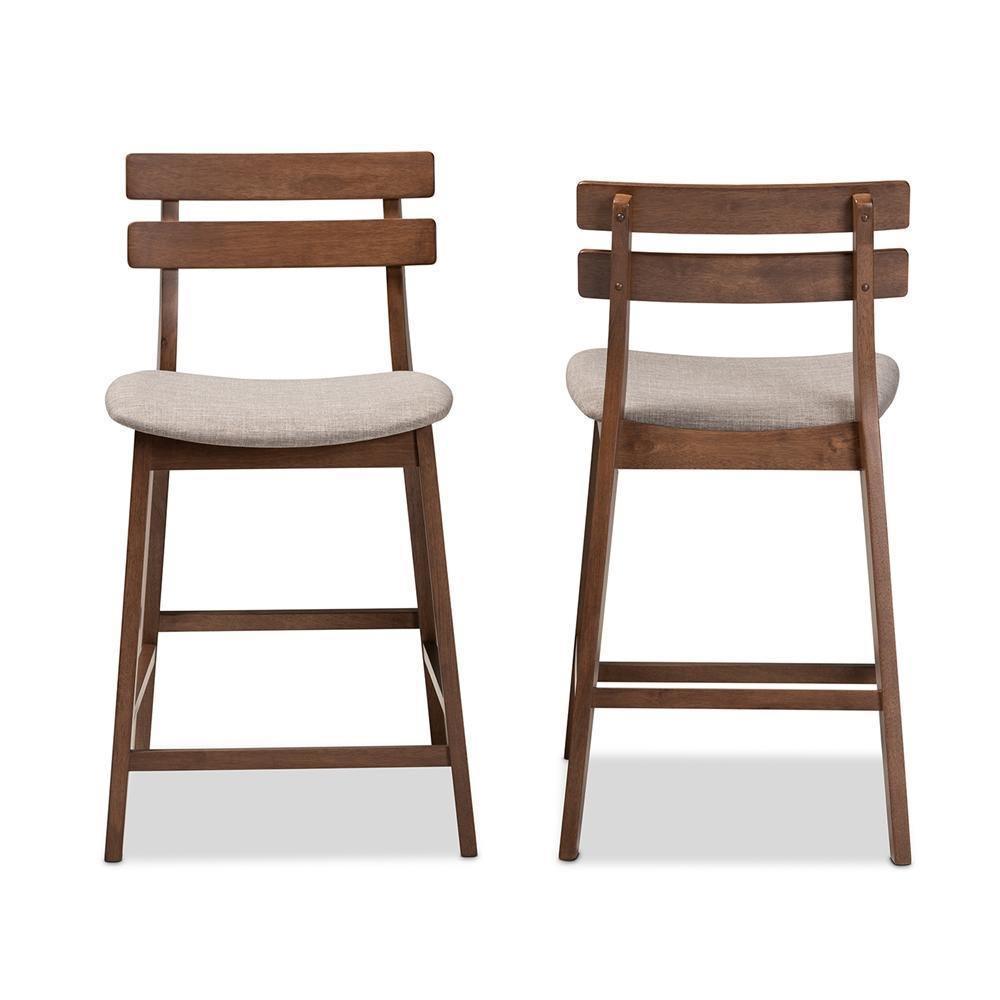 Larine Modern and Contemporary Light Grey Fabric Upholstered Walnut Finished 2-Piece Wood Counter Stool Set FredCo