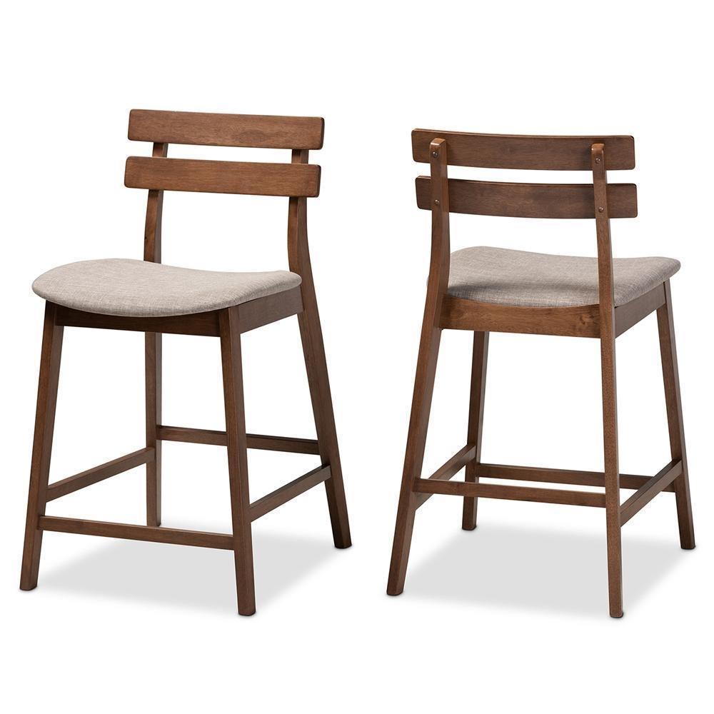 Larine Modern and Contemporary Light Grey Fabric Upholstered Walnut Finished 2-Piece Wood Counter Stool Set FredCo