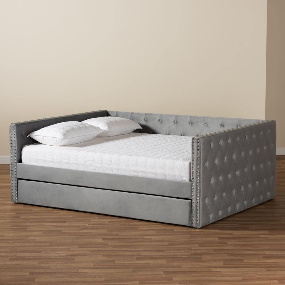 Larkin Modern and Contemporary Grey Velvet Fabric Upholstered Full Size Daybed with Trundle FredCo