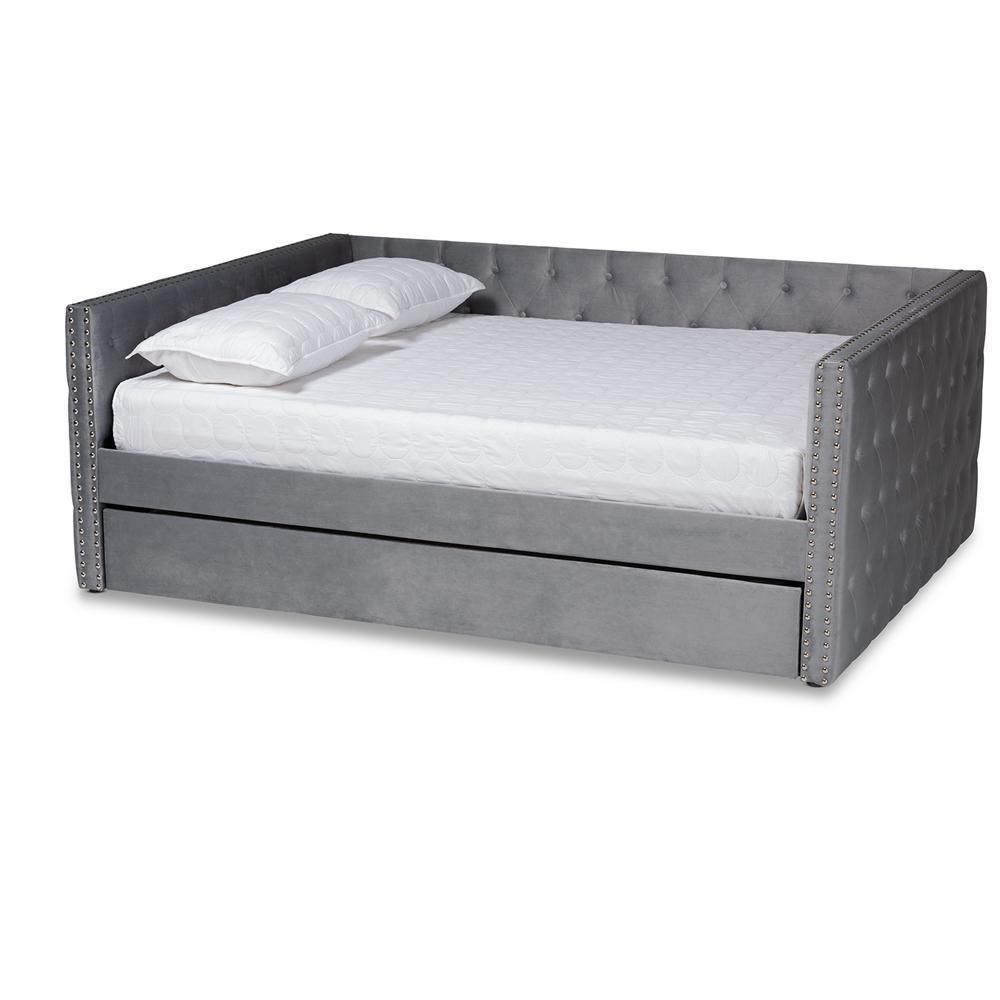 Larkin Modern and Contemporary Grey Velvet Fabric Upholstered Full Size Daybed with Trundle FredCo