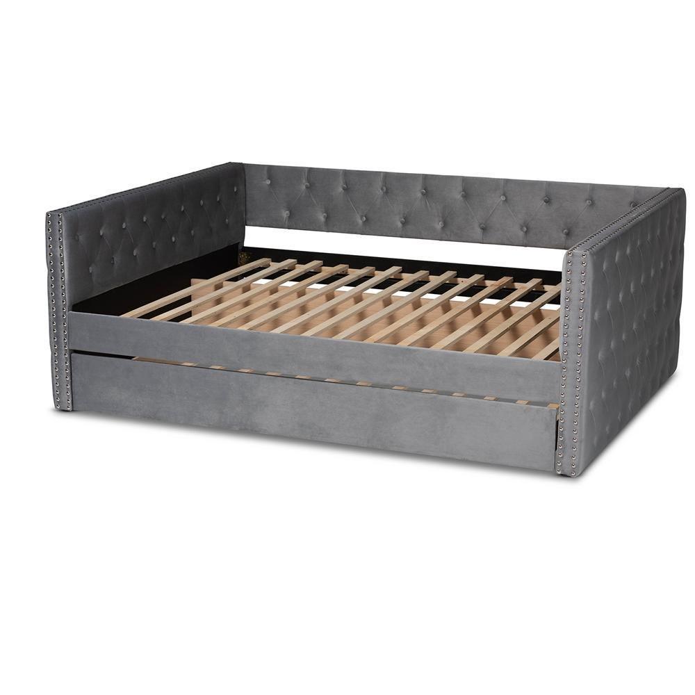Larkin Modern and Contemporary Grey Velvet Fabric Upholstered Full Size Daybed with Trundle FredCo