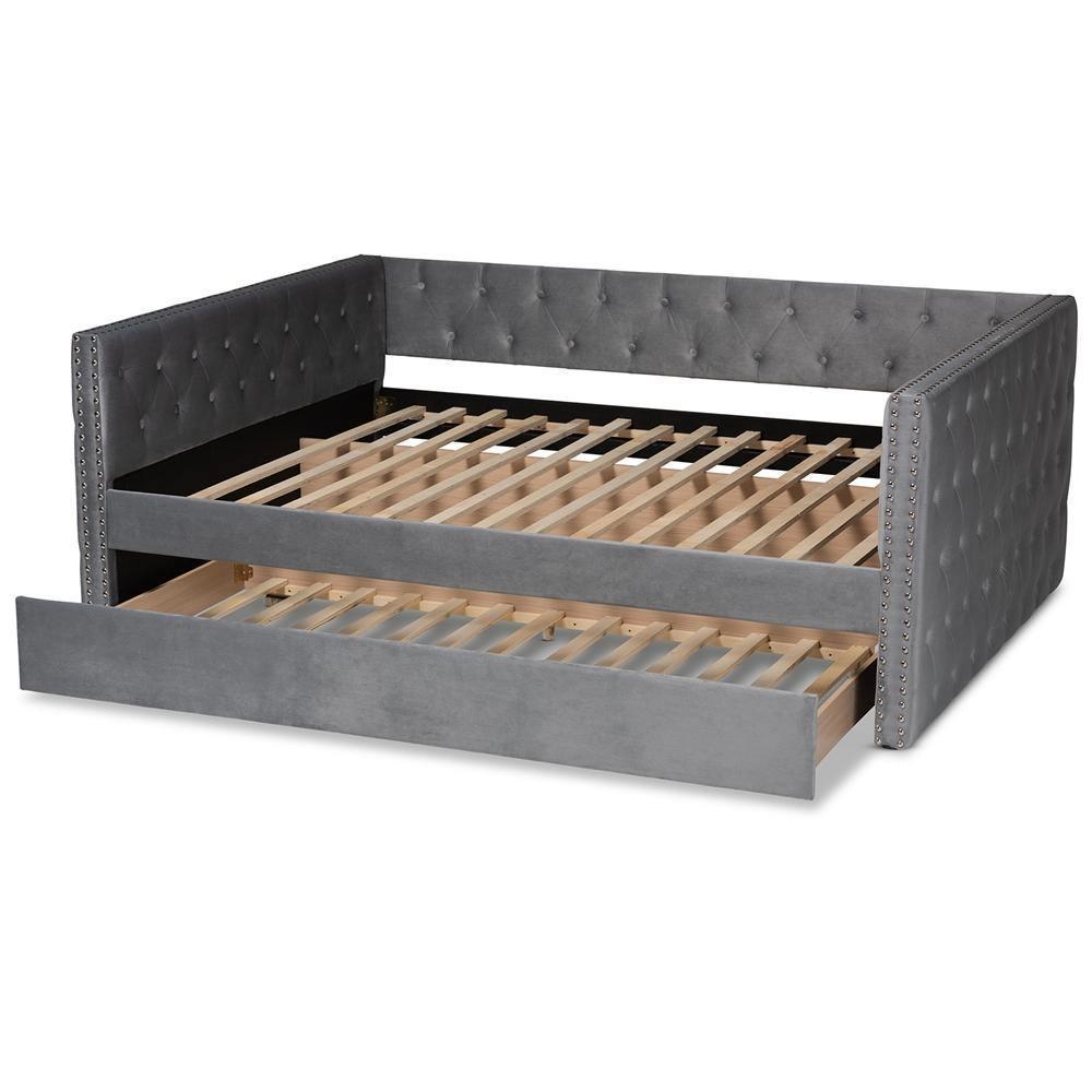 Larkin Modern and Contemporary Grey Velvet Fabric Upholstered Full Size Daybed with Trundle FredCo