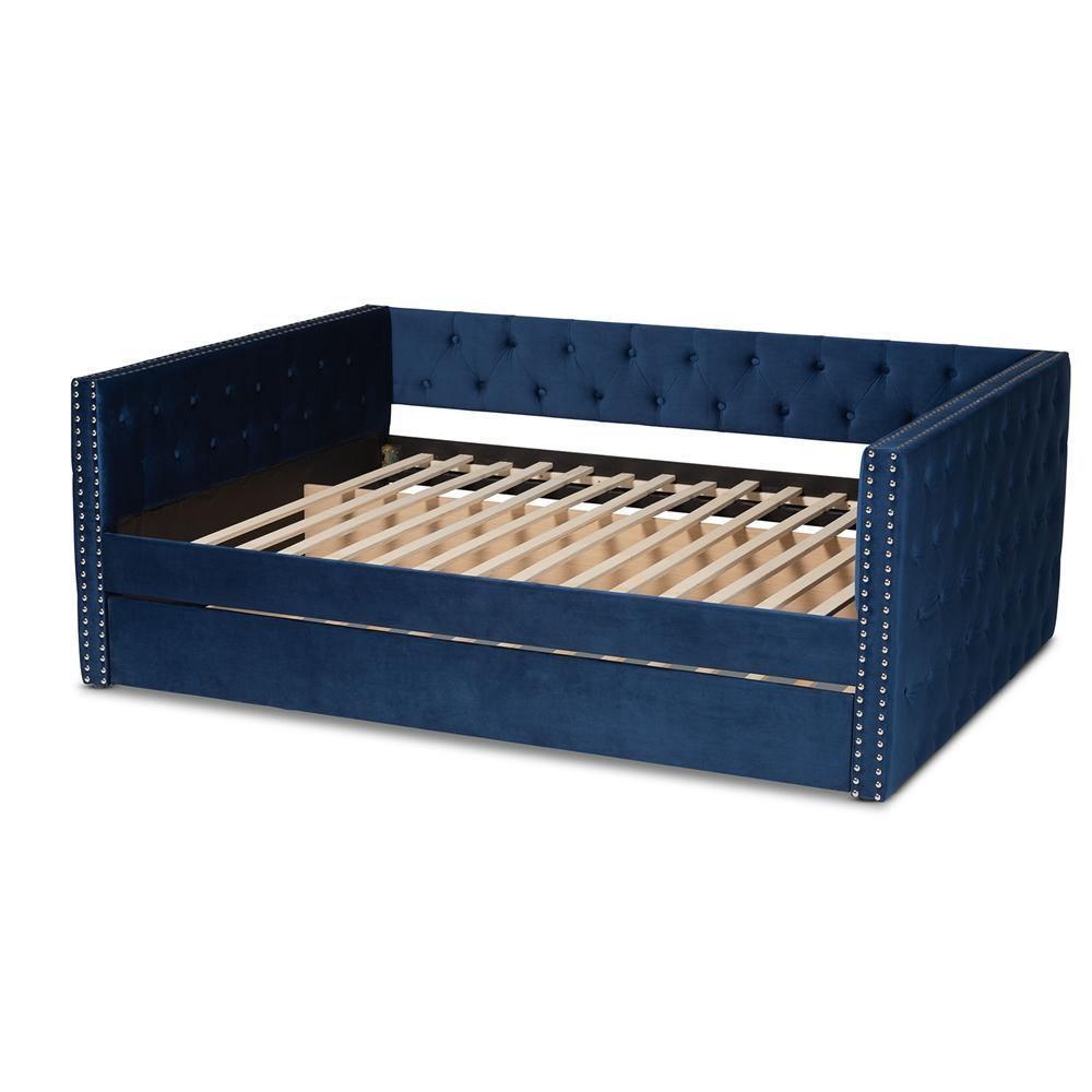 Larkin Modern and Contemporary Navy Blue Velvet Fabric Upholstered Full Size Daybed with Trundle FredCo