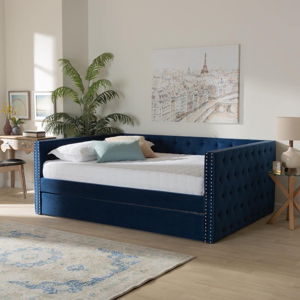Larkin Modern and Contemporary Navy Blue Velvet Fabric Upholstered Full Size Daybed with Trundle FredCo