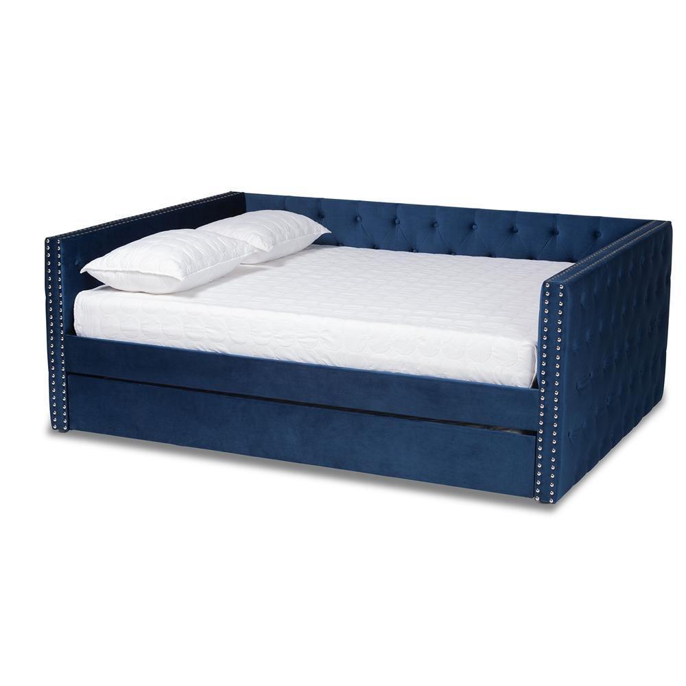 Larkin Modern and Contemporary Navy Blue Velvet Fabric Upholstered Full Size Daybed with Trundle FredCo