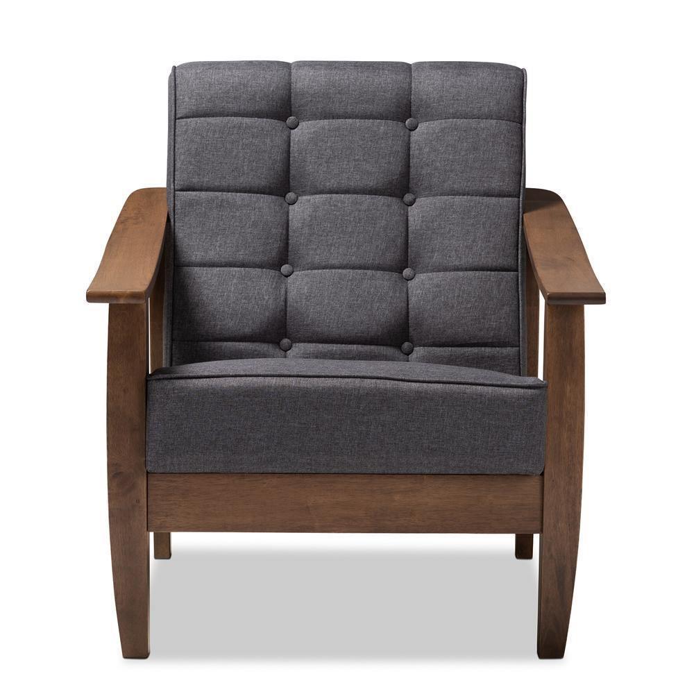 Larsen Mid-Century Modern Gray Fabric Upholstered Walnut Wood Lounge Chair FredCo