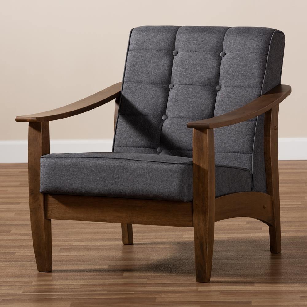 Larsen Mid-Century Modern Gray Fabric Upholstered Walnut Wood Lounge Chair FredCo