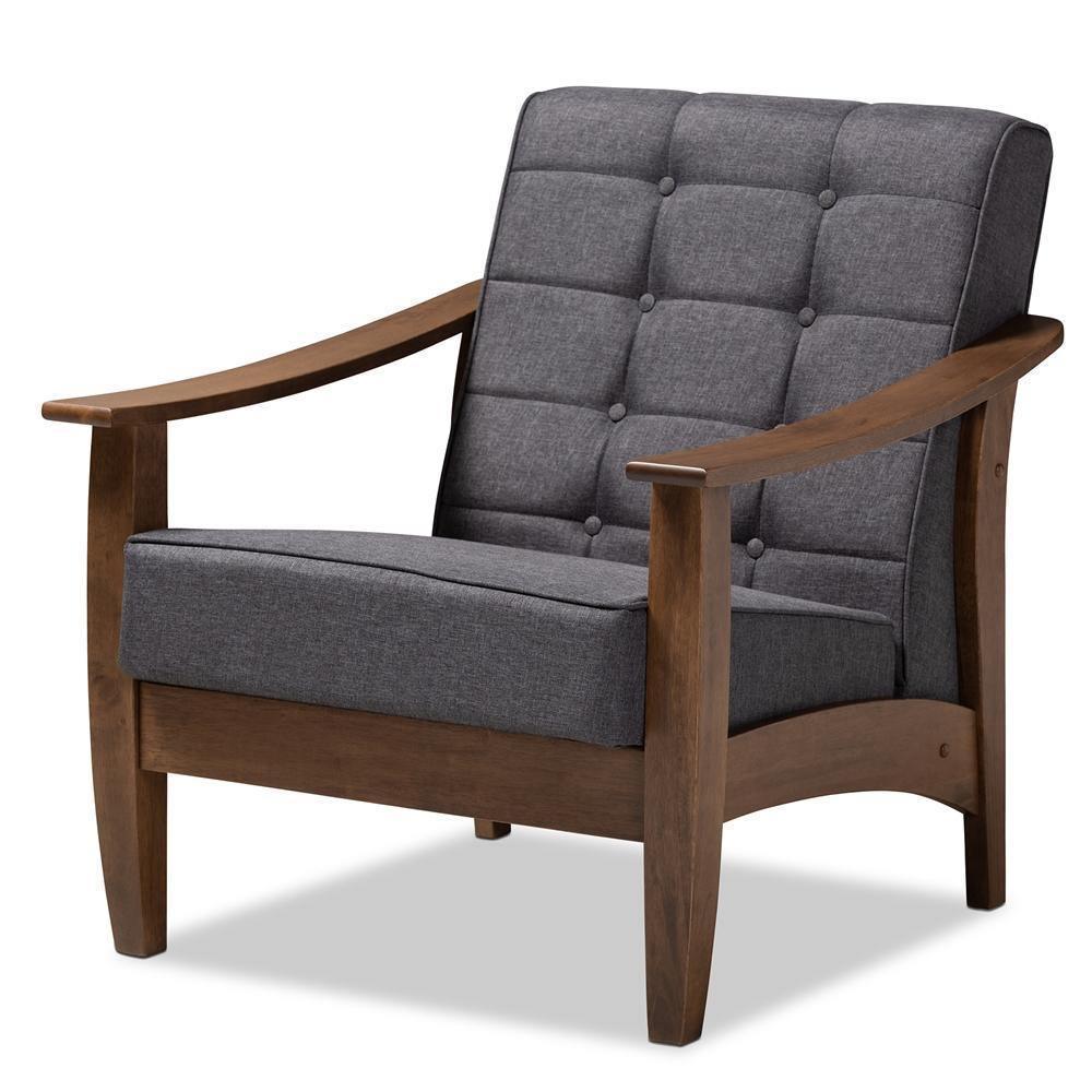 Larsen Mid-Century Modern Gray Fabric Upholstered Walnut Wood Lounge Chair FredCo